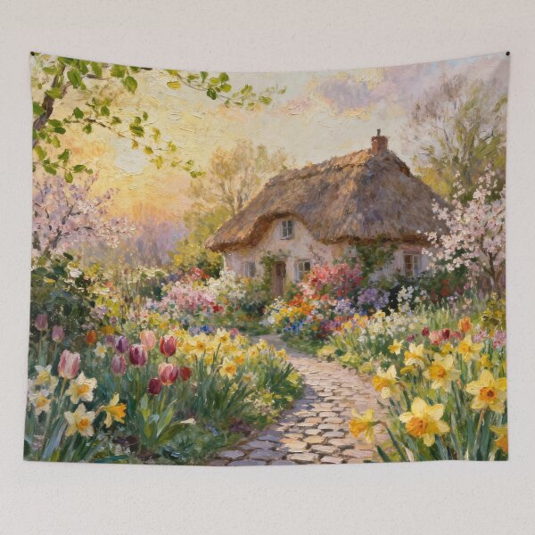 Item preview, White English Thatched Cottage Garden in Springtime designed and sold by MeadowFarmPrint.