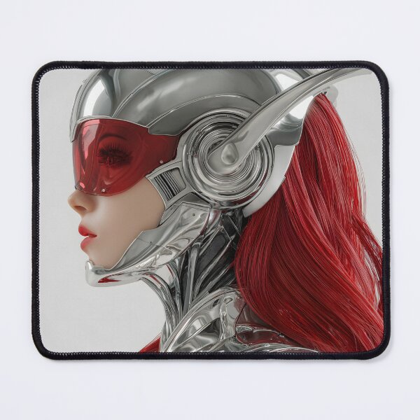 Item preview, Futuristic Female Cyborg Red Hair Poster | Chrome Helmet & Red Visor | Retrofuturism Wall Decor 1 designed and sold by Velvetcosmonova.
