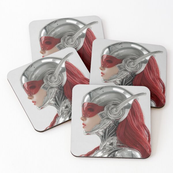 Item preview, Futuristic Female Cyborg Red Hair Poster | Chrome Helmet & Red Visor | Retrofuturism Wall Decor 1 designed and sold by Velvetcosmonova.