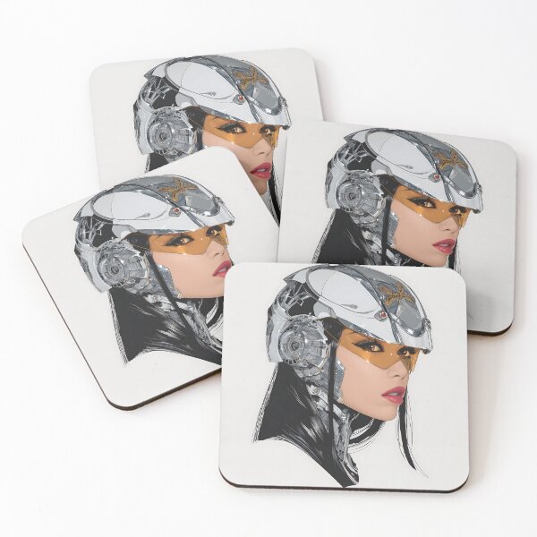 Item preview, Futuristic Asian Female Cyborg Chrome Poster | Black Hair & Orange Visor | Retrofuturism Sci-Fi Wall Art 1 designed and sold by Velvetcosmonova.