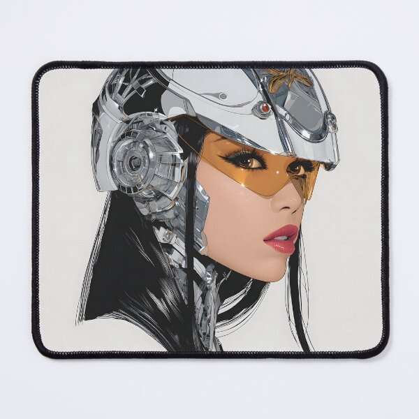 Item preview, Futuristic Asian Female Cyborg Chrome Poster | Black Hair & Orange Visor | Retrofuturism Sci-Fi Wall Art 1 designed and sold by Velvetcosmonova.