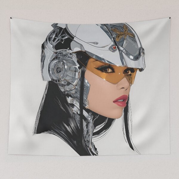 Item preview, Futuristic Asian Female Cyborg Chrome Poster | Black Hair & Orange Visor | Retrofuturism Sci-Fi Wall Art 1 designed and sold by Velvetcosmonova.