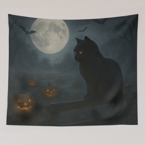 Item preview, Black Cat with Pumpkins Under Full Moon designed and sold by Ngothaovinh.