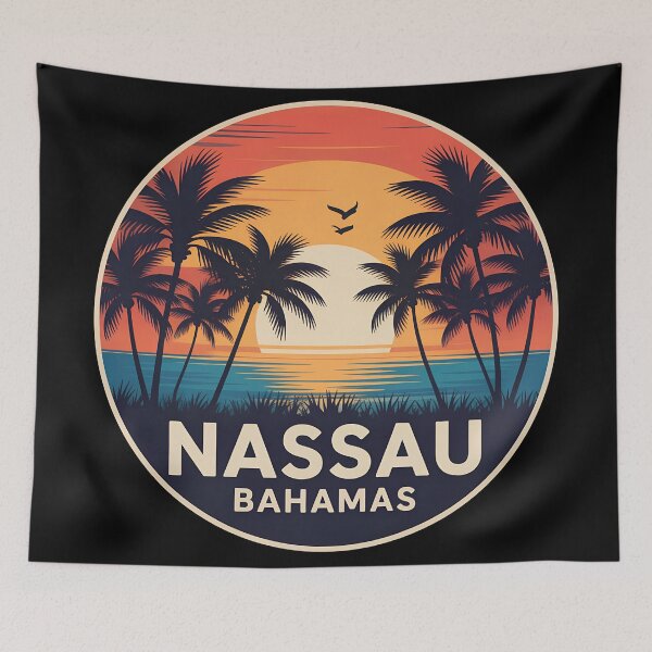 Item preview, Nassau Bahamas Sunset  – Vintage Tropical Palm Tree Circle Design designed and sold by VividOrganica.