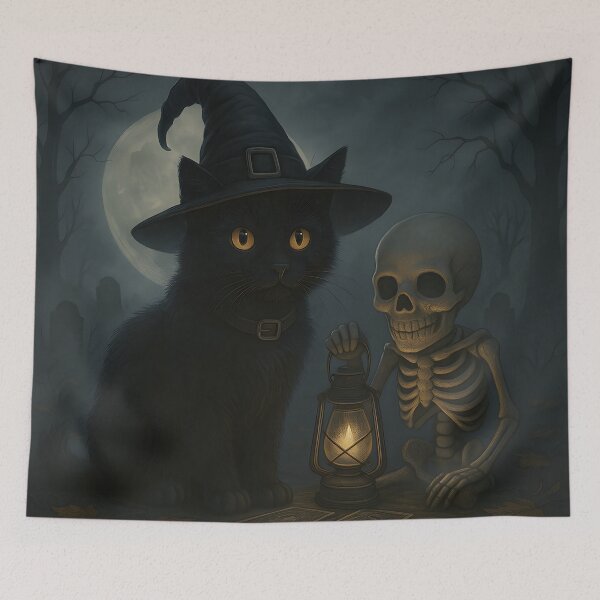 Item preview, Witch Cat and Skeleton Halloween Scene designed and sold by Ngothaovinh.