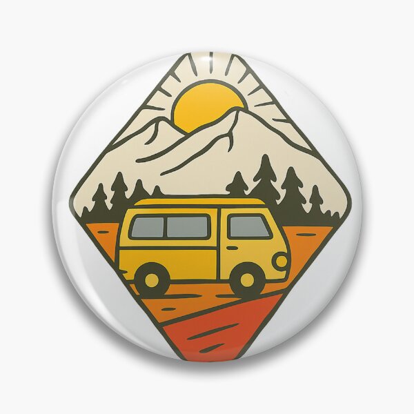 Artikelvorschau, Happy Camper Sticker – Retro Camping Micro-Badge • Mountain Sunset Zeltaufkleber • Outdoor Reiseästhetik entworfen und verkauft von DavidMay.