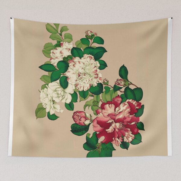 Item preview, Vintage Japanese Camellias. Deep Pink on Beige   designed and sold by Marymarice.