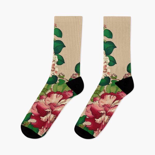 Item preview, Vintage Japanese Camellias. Deep Pink on Beige   designed and sold by Marymarice.