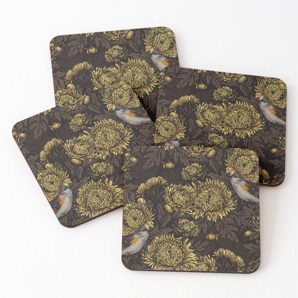 Item preview, Redstarts in the chrysanthemums in brown and yellow designed and sold by Katerina Mitkova Kirilova.