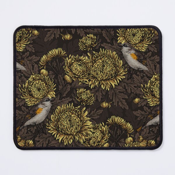 Item preview, Redstarts in the chrysanthemums in brown and yellow designed and sold by Katerina Mitkova Kirilova.