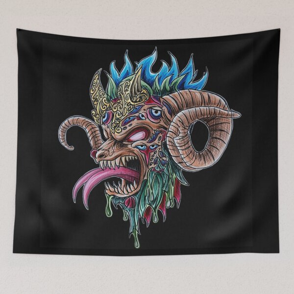 Item preview, Cool retro horror Heavy Metal ram beast monster flaming evil creature design artwork illustration designed and sold by Vintage Designs +.