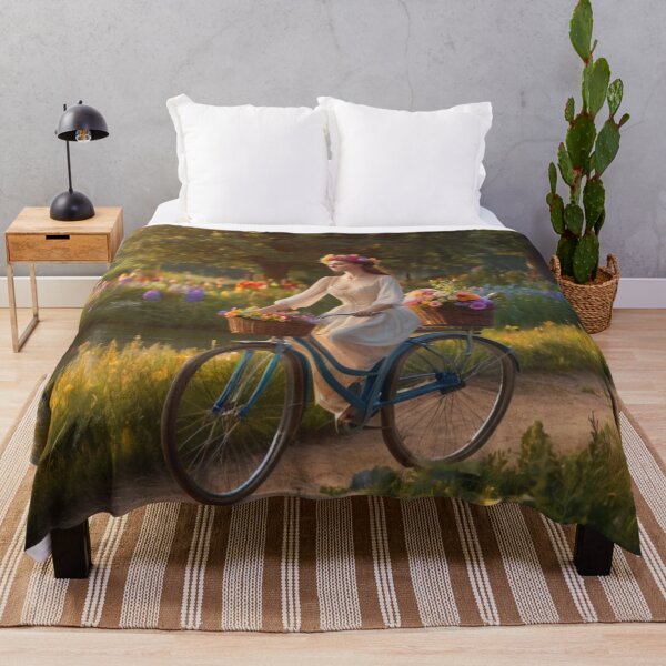 Artikelvorschau, Romantic Lady Bicycling Beside River and Wildflowers entworfen und verkauft von BlareBlare.