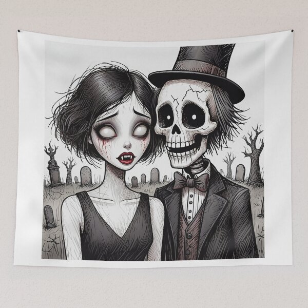Item preview,  Fancy dapper Skeleton man and creepy zombie girl cool horror art designed and sold by Vintage Designs +.