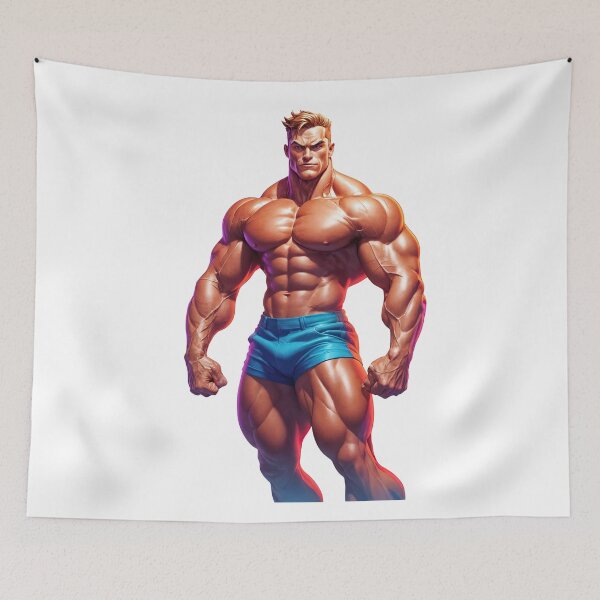 Item preview, Alpha Physique: Hyper-Stylized Muscle Hero in Blue Shorts designed and sold by ForeverPrintsOK.