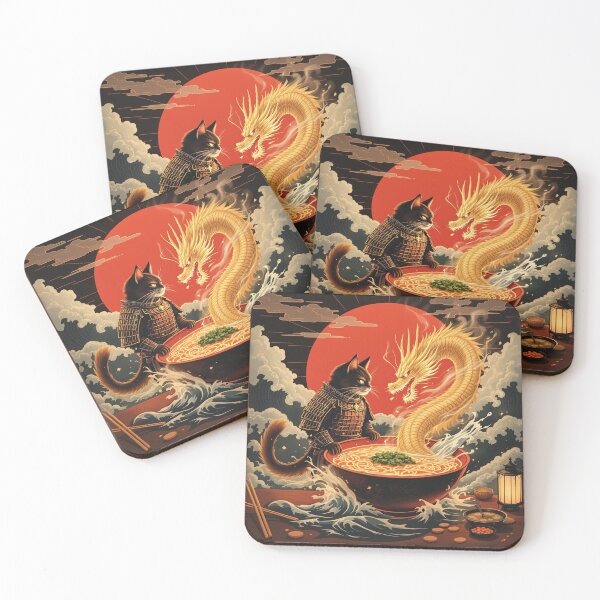 Item preview, Armored Samurai Cat vs Tempura Dragon – Retro Japanese Ramen Poster designed and sold by KaryaVisionSTR.