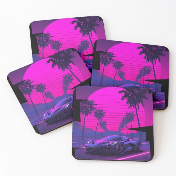 Item preview, 80s retro-futuristic landscape with palm trees and a Mclar F1 sports car neon colors 3 designed and sold by Neon G.