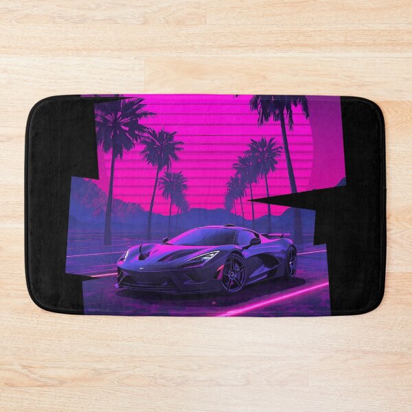 Item preview, 80s retro-futuristic landscape with palm trees and a Mclar F1 sports car neon colors 3 designed and sold by Neon G.