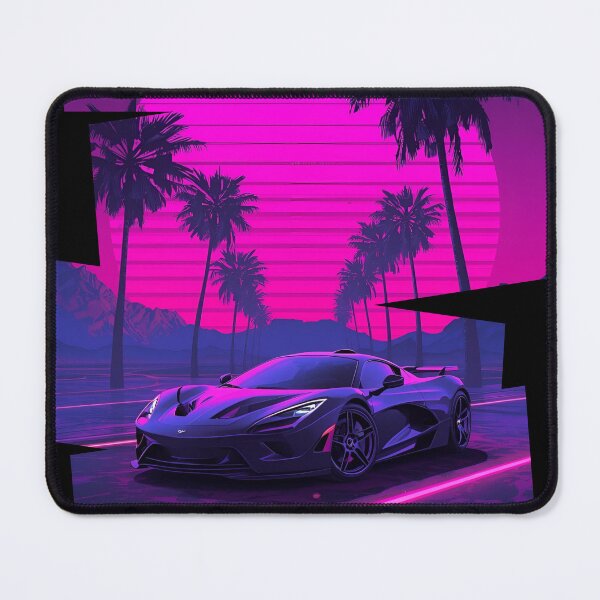 Item preview, 80s retro-futuristic landscape with palm trees and a Mclar F1 sports car neon colors 3 designed and sold by Neon G.