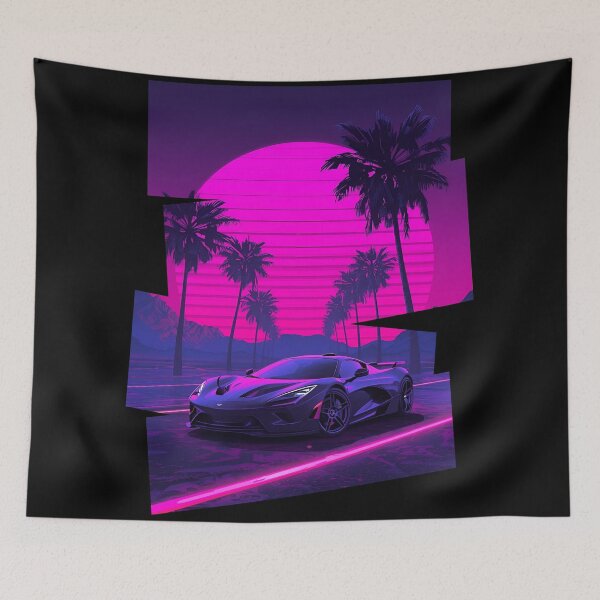 Item preview, 80s retro-futuristic landscape with palm trees and a Mclar F1 sports car neon colors 3 designed and sold by Neon G.