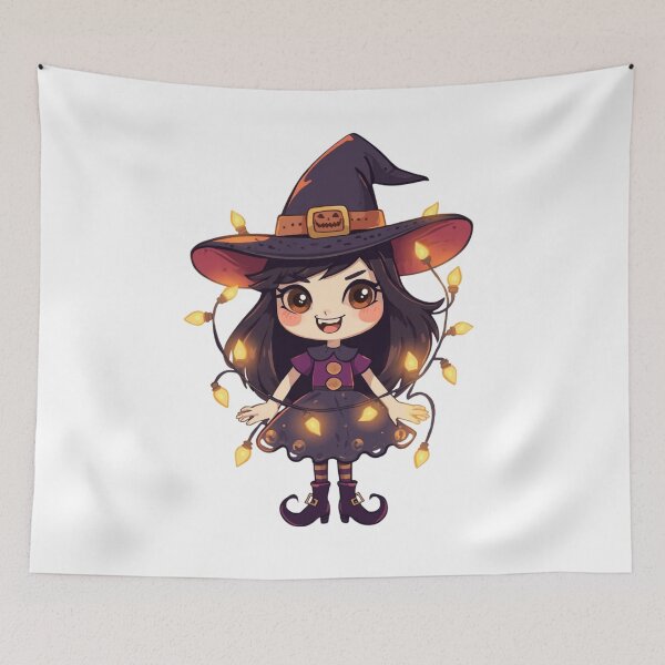 Item preview, Kawaii Chibi Witch Girl with Pumpkin Hat and Halloween Lights designed and sold by Medeea Publishing.