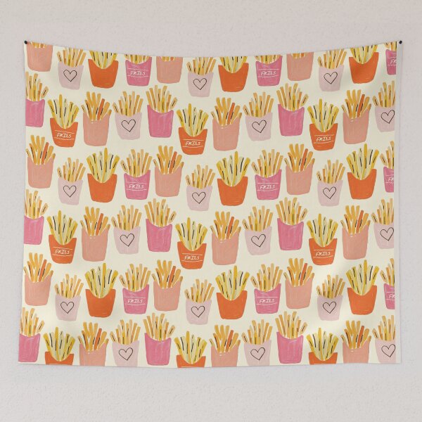 Artikelvorschau, Pommes-Frites-Muster – Handgezeichnete Fast-Food-Illustration in warmen Rosa- und Orangetönen entworfen und verkauft von HotFluff.
