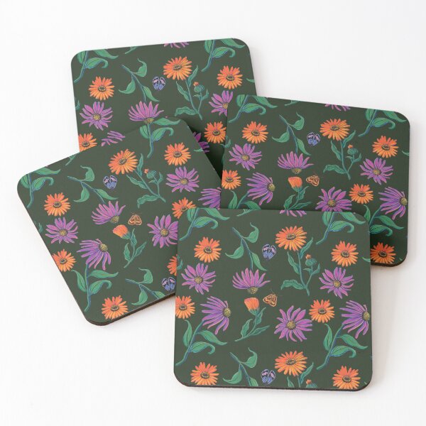 Item preview, Calendula and Echinacea Botanical Flower Print with Butterflies Dark Green by artist Renee Machan designed and sold by RMachanArt.