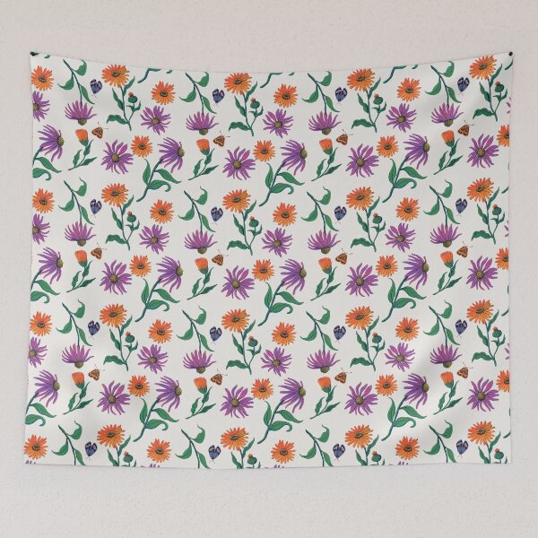 Item preview, Calendula and Echinacea Botanical Flower Print with Butterflies by artist Renee Machan designed and sold by RMachanArt.