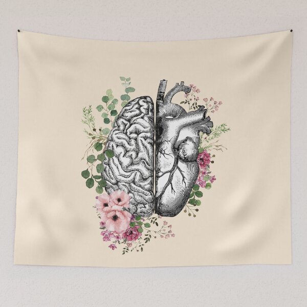 Item preview, Intricate Vintage Anatomy Illustration of the Human Brain and Heart United, Surrounded by Delicate Botanical Watercolors Symbolizing the Harmony Between Emotion, Intellect, and Nature designed and sold by Collagedream.