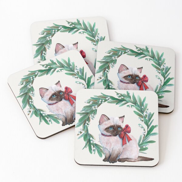 Item preview, Siamese Christmas Kitten and Mistletoe by artist Renee Machan designed and sold by RMachanArt.