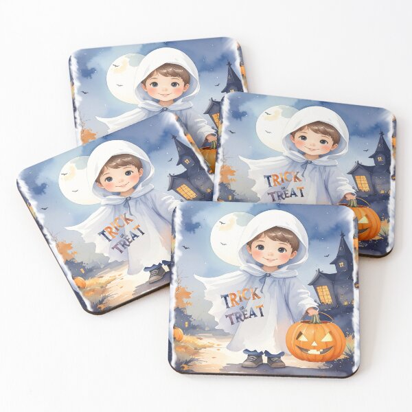 Item preview, Halloween, trick or treat boy in ghost costume in watercolors designed and sold by LiskoDesign.