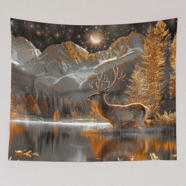 Item preview, Deer in Autumn Mountain Landscape at Night Under Starry sky designed and sold by MargaretWiktor.