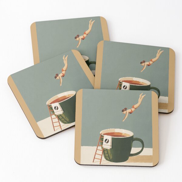 Item preview, Retro Coffee Dive Poster – Surreal Swimming Art Print for Kitchen or Café Decor designed and sold by Gino By Design.
