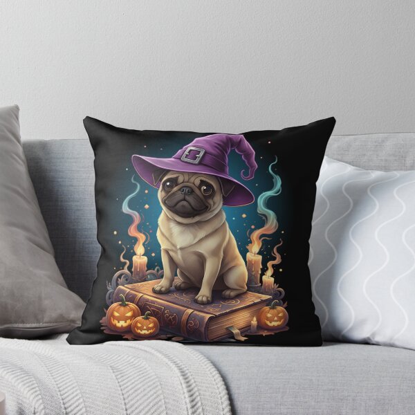 Item preview, Halloween Pug Witch on Spellbook | Cute Dog with Pumpkins & Candles designed and sold by Plotwear.