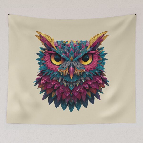 Item preview, Owl in frontal portrait – ornamental feather mandala in strong colors designed and sold by Meiersbeste.