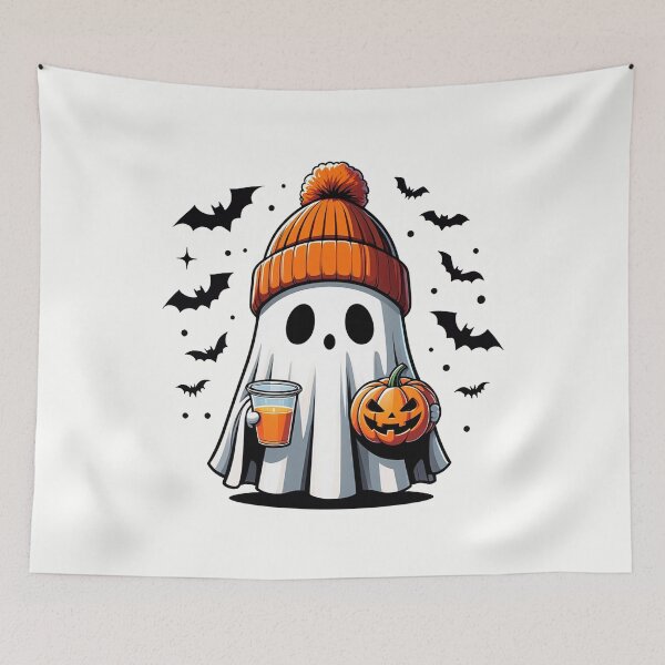 Item preview, Cute Halloween Ghost With Coffee Mug Pumpkin and Beanie Spooky Season Art designed and sold by HalloweenGift.
