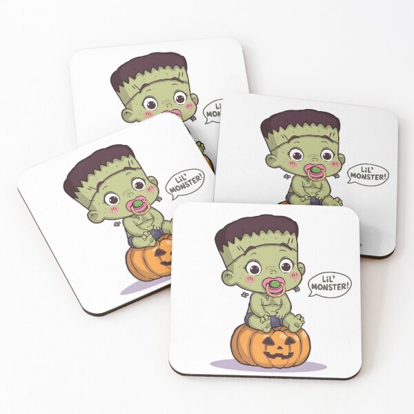 Item preview, Cute Frankenstein boy with stitched face sitting behind pumpkins, fun Halloween cartoon line art illustration for children’s coloring page designed and sold by PWDigitalArt.