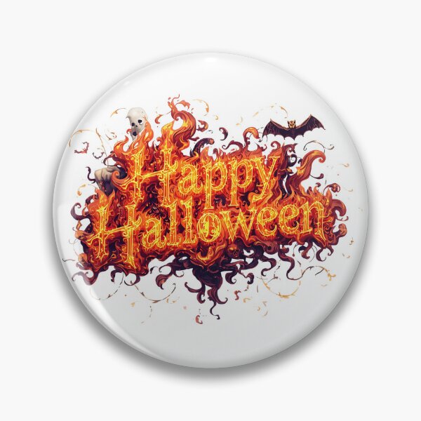 Item preview, A cartoon Halloween illustration with a dripping orange "Happy Halloween" text on a white background, with a skull in a witch's hat, a jack-o-lantern, and silhouette trees, stars, and bats designed and sold by PWDigitalArt.