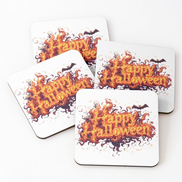 Item preview, A cartoon Halloween illustration with a dripping orange "Happy Halloween" text on a white background, with a skull in a witch's hat, a jack-o-lantern, and silhouette trees, stars, and bats designed and sold by PWDigitalArt.
