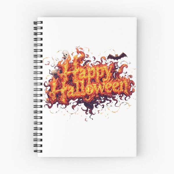 Item preview, A cartoon Halloween illustration with a dripping orange "Happy Halloween" text on a white background, with a skull in a witch's hat, a jack-o-lantern, and silhouette trees, stars, and bats designed and sold by PWDigitalArt.