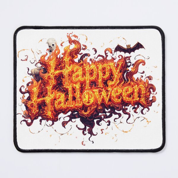 Item preview, A cartoon Halloween illustration with a dripping orange "Happy Halloween" text on a white background, with a skull in a witch's hat, a jack-o-lantern, and silhouette trees, stars, and bats designed and sold by PWDigitalArt.