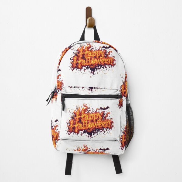 Item preview, A cartoon Halloween illustration with a dripping orange "Happy Halloween" text on a white background, with a skull in a witch's hat, a jack-o-lantern, and silhouette trees, stars, and bats designed and sold by PWDigitalArt.