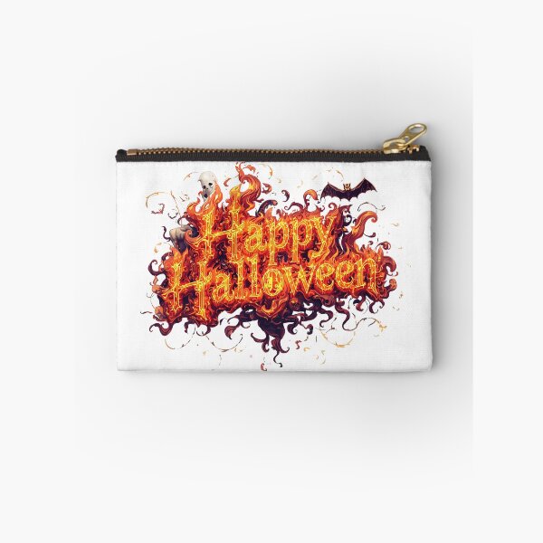 Item preview, A cartoon Halloween illustration with a dripping orange "Happy Halloween" text on a white background, with a skull in a witch's hat, a jack-o-lantern, and silhouette trees, stars, and bats designed and sold by PWDigitalArt.