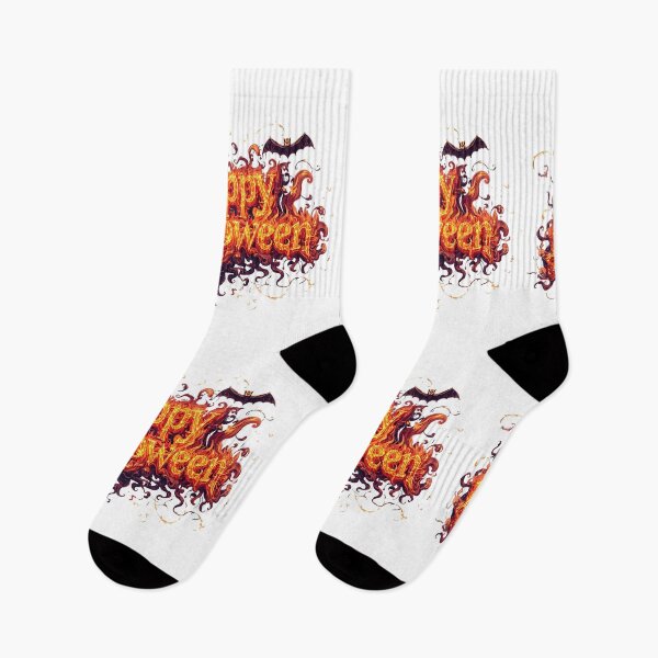 Item preview, A cartoon Halloween illustration with a dripping orange "Happy Halloween" text on a white background, with a skull in a witch's hat, a jack-o-lantern, and silhouette trees, stars, and bats designed and sold by PWDigitalArt.