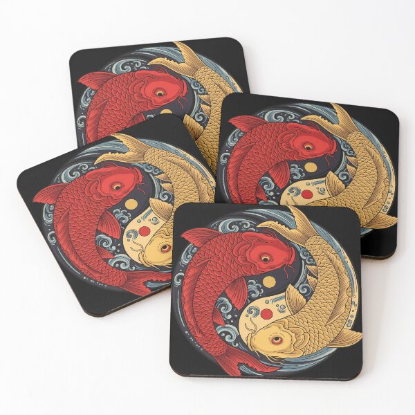 Item preview, Two koi fish forming a yin-yang circle, Japanese woodblock style, vibrant red and gold tones. designed and sold by SLDavincy.