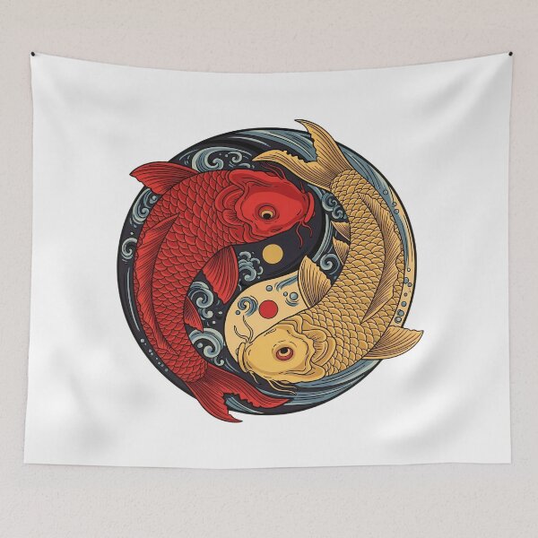 Item preview, Two koi fish forming a yin-yang circle, Japanese woodblock style, vibrant red and gold tones. designed and sold by SLDavincy.