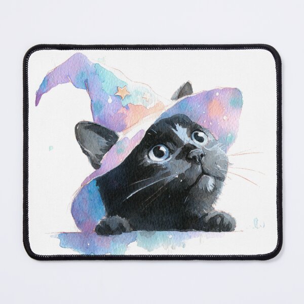 Item preview, Adorable Black Cat In Colorful Watercolor Wizard Hat Looking Upward With Wonder designed and sold by KanDa-Shop.
