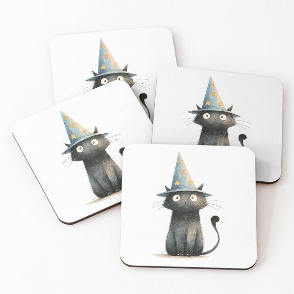 Item preview, Whimsical Black Cat in a Starry Wizard Hat, Cute Cartoon Style for Halloween or Kids Books designed and sold by KanDa-Shop.
