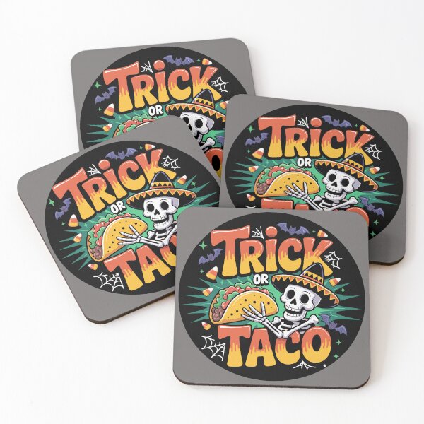 Aperçu de l'œuvre Le stand de tacos hanté : Ce squelette au design amusant et coloré, proposé sur un t-shirt, propose un taco dégoulinant de salsa rouge. Pour les fêtes d'Halloween. créée et vendue par Camel & Quirk.