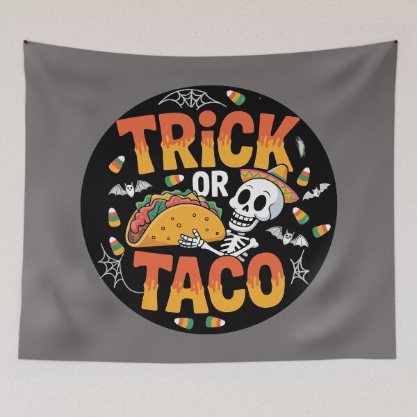 Item preview, Ghoulish Grab-and-Go: This fun and vibrant T-shirt design skeletal figure offers a taco dripping with crimson salsa. For the Halloween Festive Season designed and sold by Grang Art Artistic Designs.