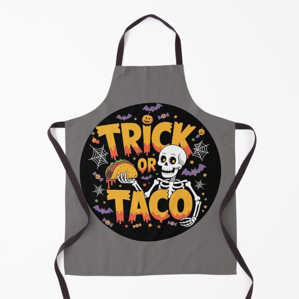 Aperçu de l'œuvre Un festin affreux : Ce t-shirt amusant et coloré représente une silhouette squelettique qui propose un taco dégoulinant de salsa rouge. Pour les fêtes d'Halloween. créée et vendue par Camel & Quirk.